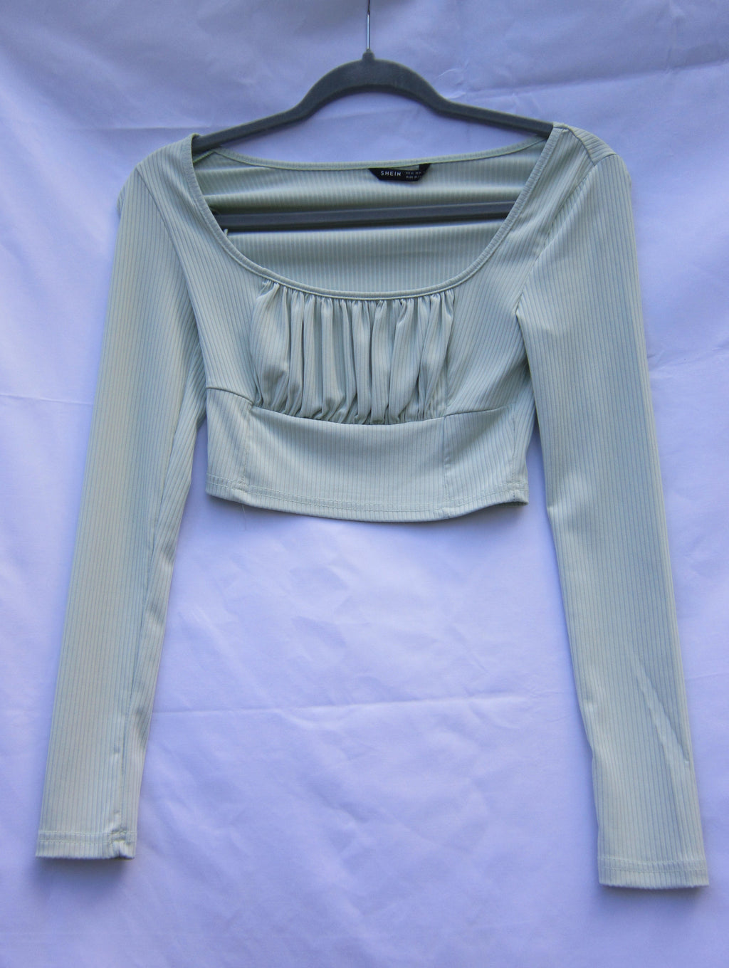 Shein Sage Green Ribbed Long Sleeve Crop Top – Square Neck Ruched Bust