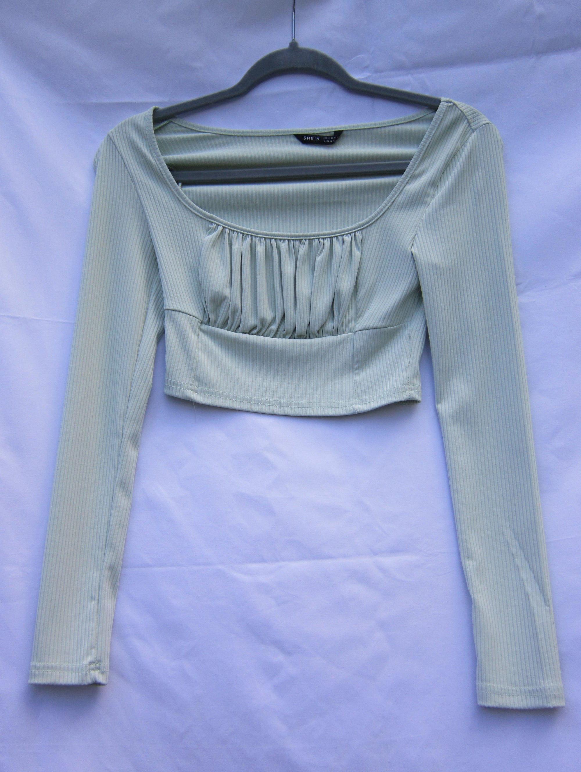 Shein Sage Green Ribbed Long Sleeve Crop Top – Square Neck Ruched Bust
