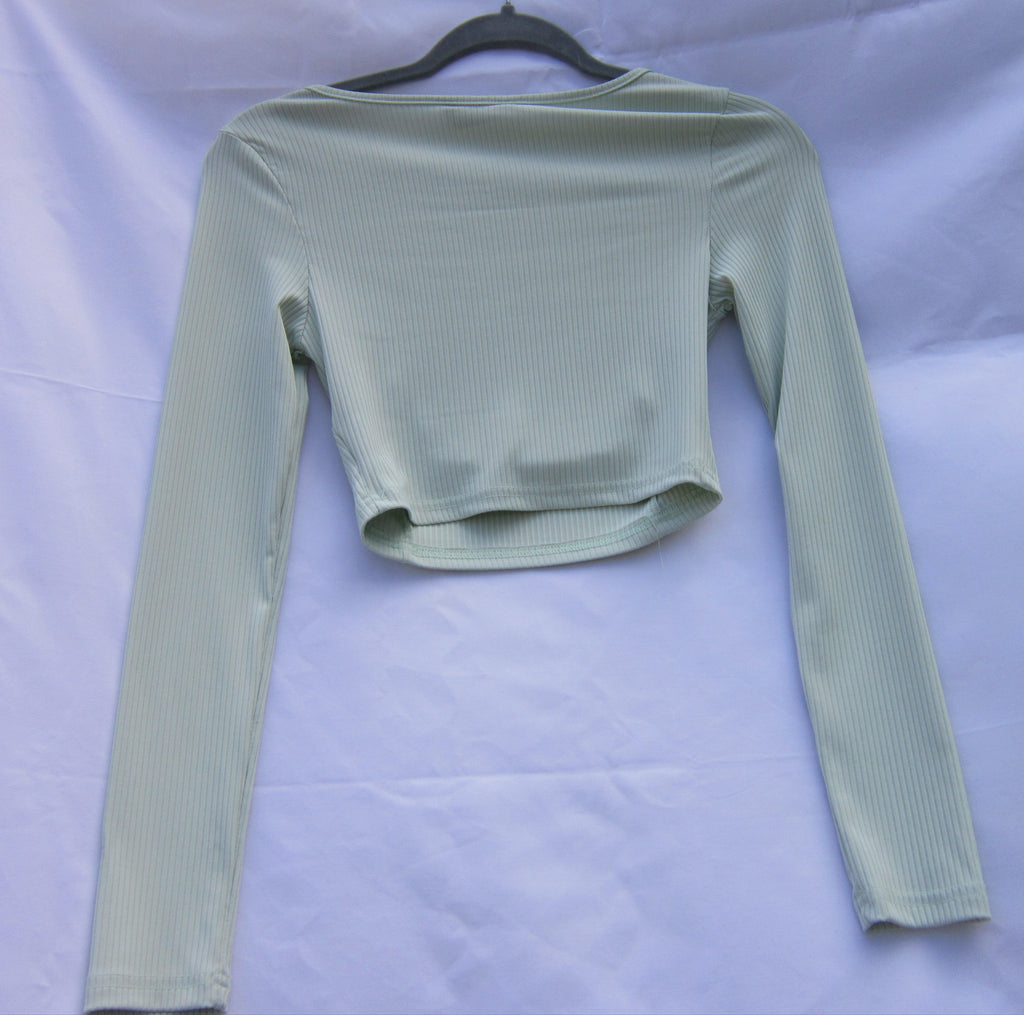 Shein Sage Green Ribbed Long Sleeve Crop Top – Square Neck Ruched Bust
