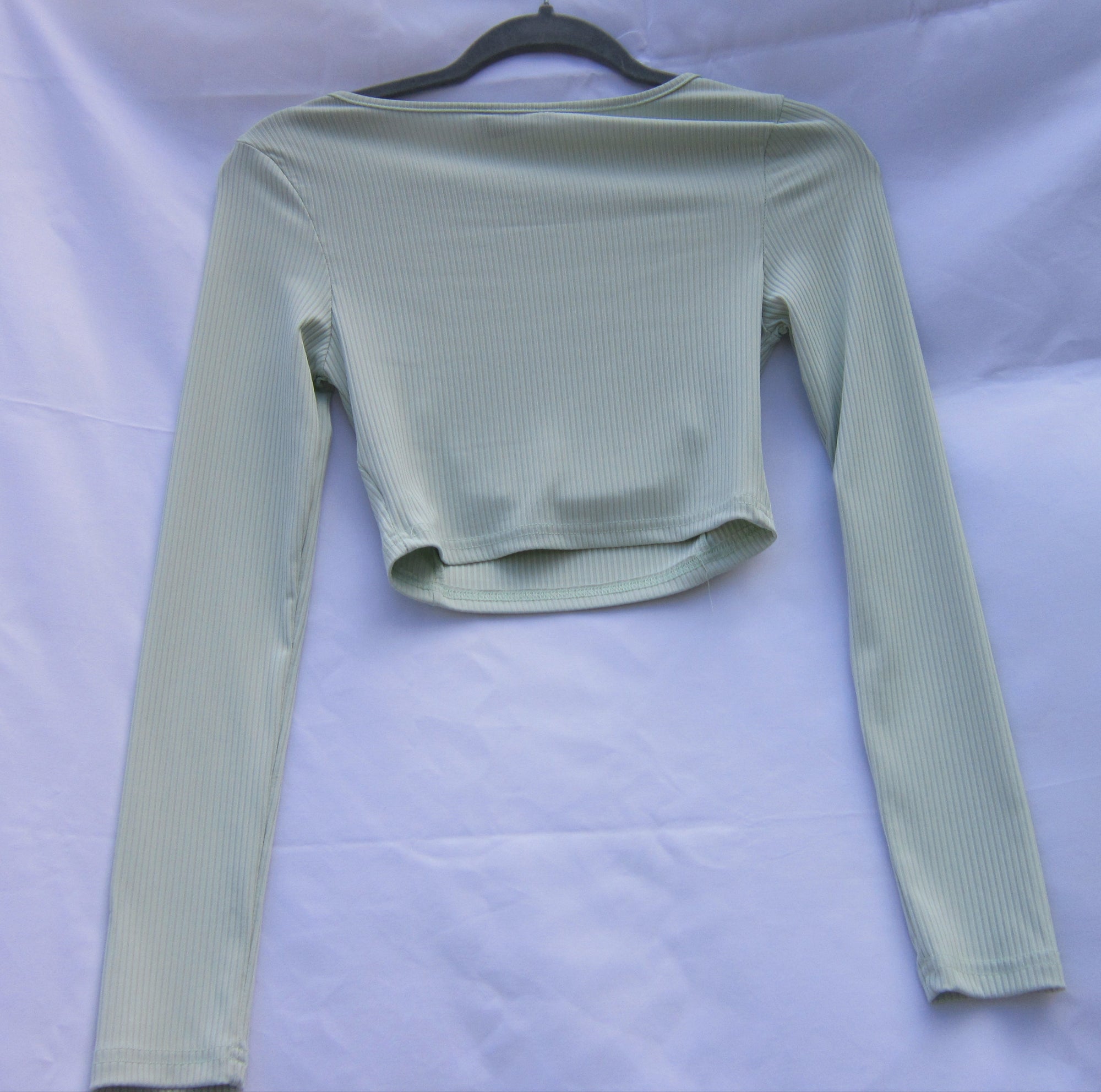 Shein Sage Green Ribbed Long Sleeve Crop Top – Square Neck Ruched Bust