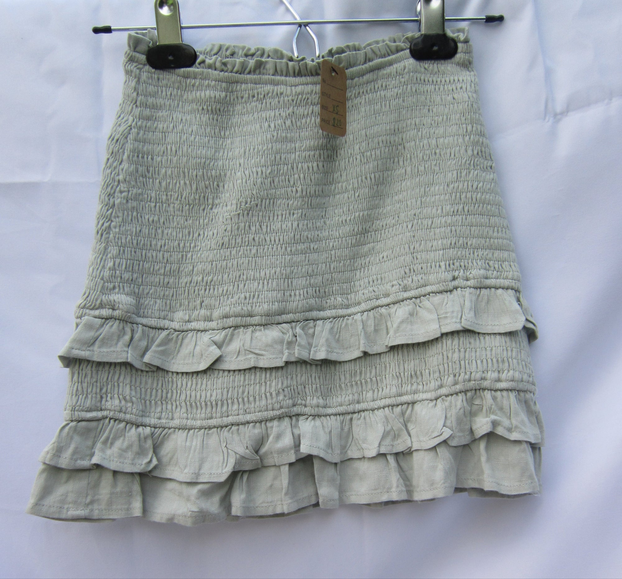 Light Sage Smocked Mini Skirt – Ruffle Hem, Boho Summer Style